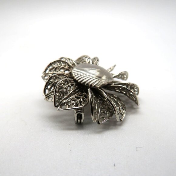 Vintage Flower Brooch Silver Tone Shell Center Filigree Stacked Petals Pin - Picture 6 of 7